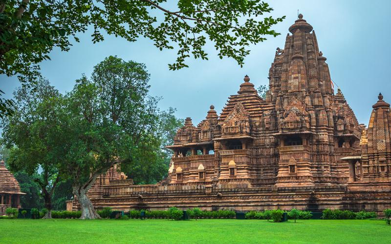 Famous Khajuraho temples in Madhya Pradesh, India, showcasing ancient Indian architecture and intricate stone carvings